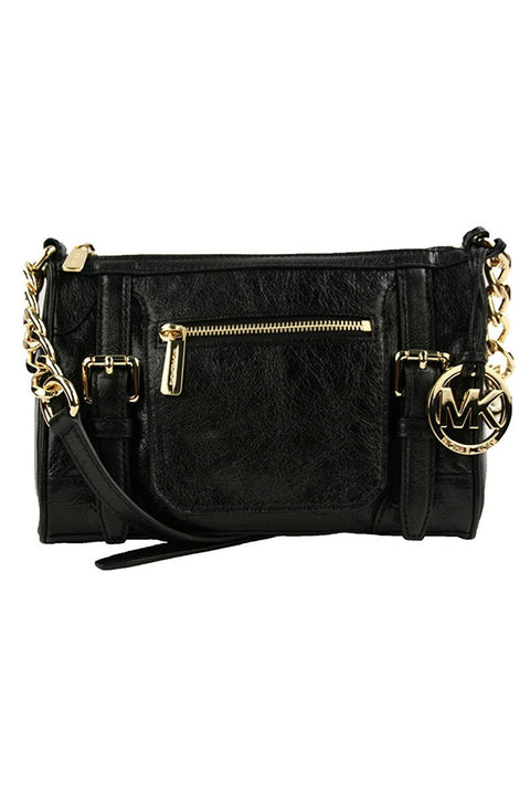 Michael Kors Medium McGraw Messenger Bag Zip Black Handbag Leather Gold New