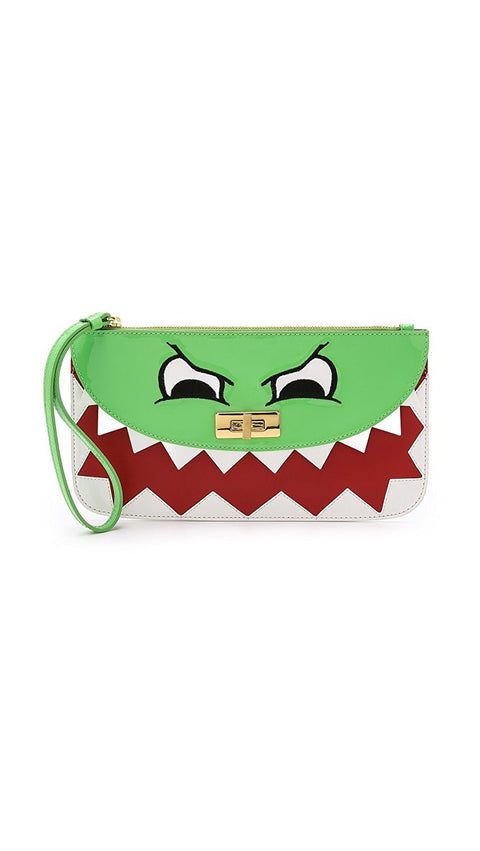 Moschino Cheap and Chic Italy Dino Green Patent Leather Monster Clutch New