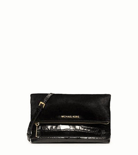 Michael Kors Jet Set Travel Embossed-leather Clutch Black Haircalf and Leather New