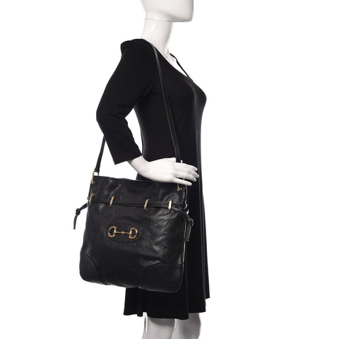 Gucci Calfskin Horsebit 1955 Messenger Leather Black Shoulder Bag Handbag Italy NEW