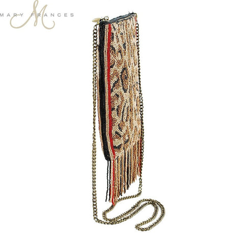MARY FRANCES Cat Walk Beaded Animal Print Mini Cross-body Zip Top Fringe Handbag