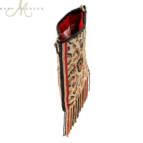 MARY FRANCES Cat Walk Beaded Animal Print Mini Cross-body Zip Top Fringe Handbag
