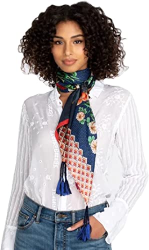 Johnny Was Dragona Silk Scarf Flower Square Large Floral Tassels Blue Scarves NEW