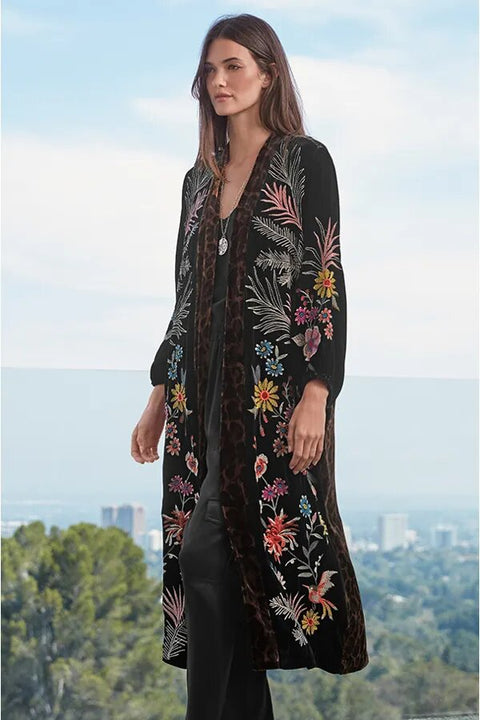 Johnny Was Tiarei Velvet Bishop Sleeve Kimono Coat Floral Embroidery Black New