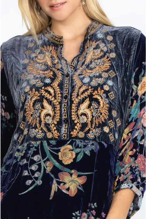 Johnny Was Bouquet Burnout Gweneth Navy Blue Dress Lined Floral Embroidery NEW