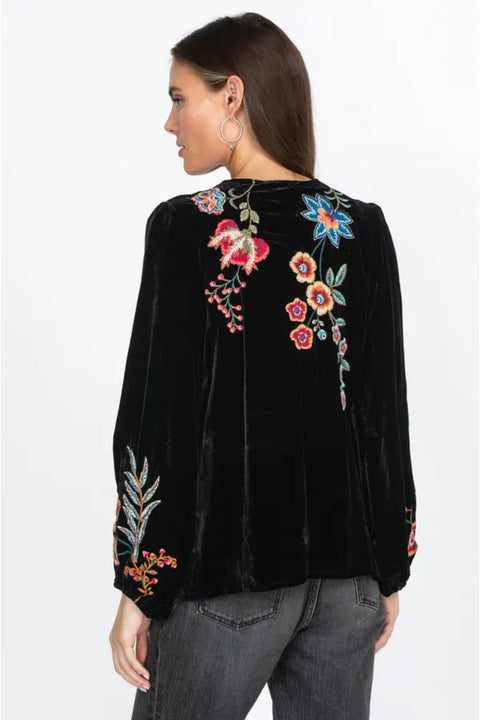 Johnny Was Ardell Velvet Relaxed Tee Blouse Floral Embroidery Top Shirt Black NEW