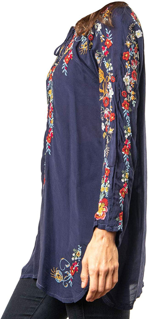 Johnny Was Autumn Bloom Tunic Blue Navy Top Blouse Medium M New