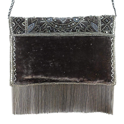 Mary Frances Roaring 20s Antique Pewter Embellished Velvet Crossbody Clutch Handbag