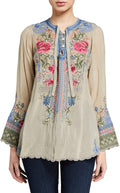 Johnny Was Millie Blouse Top Flower Embroidery Floral Beige Gri Long Large New