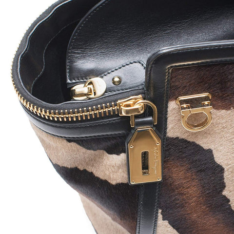 Salvatore Ferragamo Verve Tote Animal Fur Leather Tote Gold Hardware Brown New