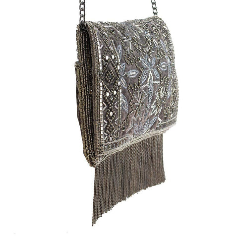 Mary Frances Roaring 20s Antique Pewter Embellished Velvet Crossbody Clutch Handbag