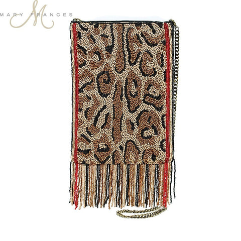 MARY FRANCES Cat Walk Beaded Animal Print Mini Cross-body Zip Top Fringe Handbag