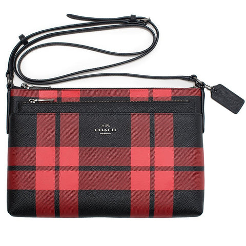 Coach Mount Plaid Pop-up Crossbody in Leather Red Black Bag New