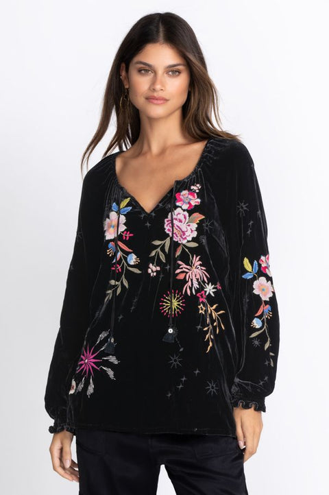 Johnny Was Floral Celestine Velvet Bishop Blouse Black Shirt Long Sleeve Top NEW