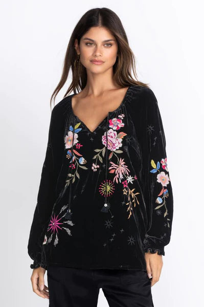 Johnny Was Celestine Velvet Puff Sleeve Floral Black Dress Flowers Embroidery NEW