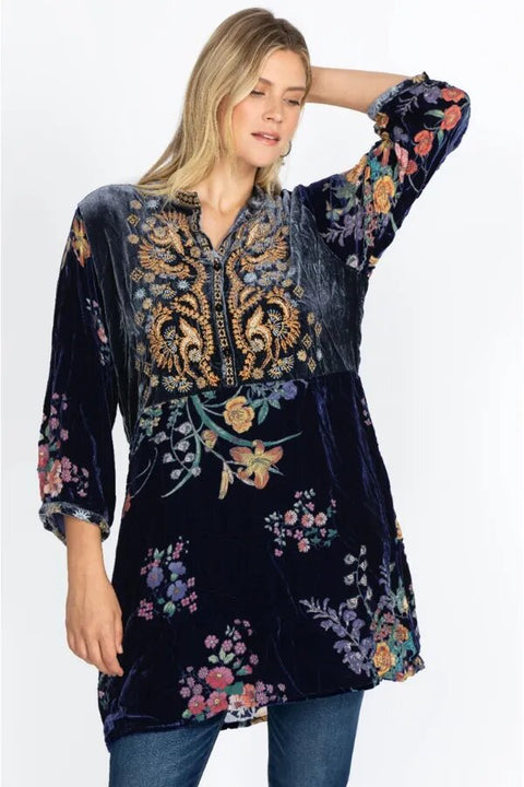 Johnny Was Bouquet Burnout Gweneth Navy Blue Dress Lined Floral Embroidery NEW