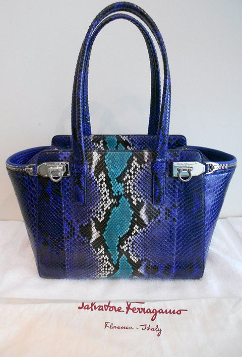Salvatore Ferragamo Python Verve Tote Purple Silver Bag New