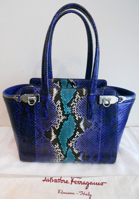 Salvatore Ferragamo Python Verve Tote Purple Silver Bag New