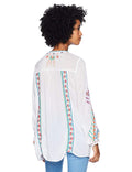 Johnny Was Women's Rayon Tie Neck 3/4 Sleeve Relaxed Embroidered Blouse
