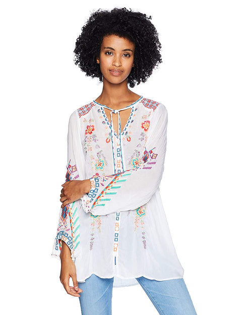 Johnny Was Women's Rayon Tie Neck 3/4 Sleeve Relaxed Embroidered Blouse