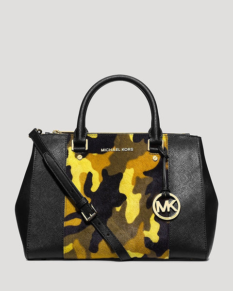 Michael Kors Sutton Haircalf Satchel Camo Acid Lemon Shoulder Handbag Purse New