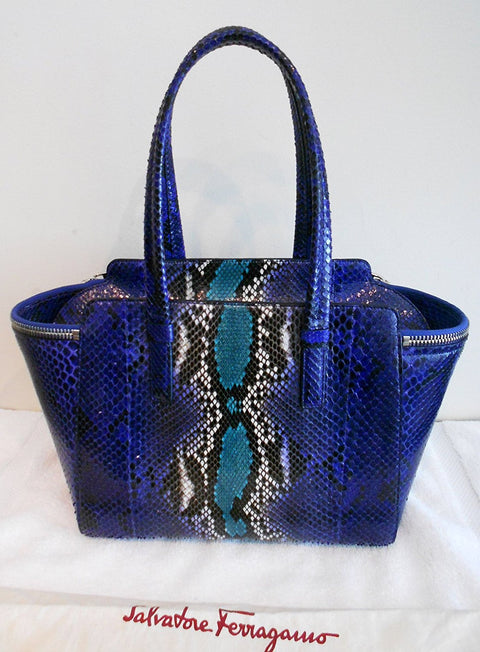 Salvatore Ferragamo Python Verve Tote Purple Silver Bag New