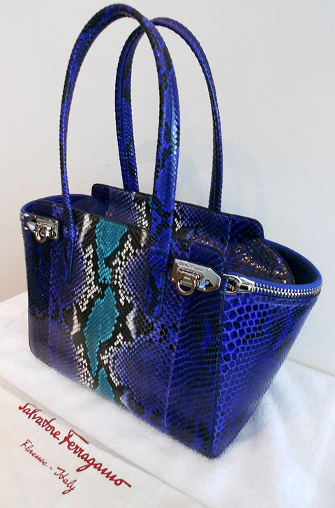 Salvatore Ferragamo Python Verve Tote Purple Silver Bag New