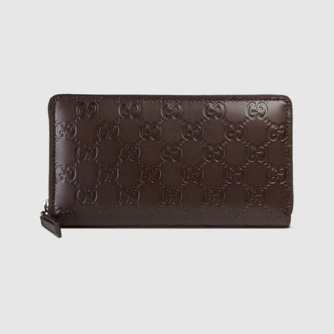 Gucci Italy Signature Continental Wallet Brown Chocolate Zip Leather Purse NEW
