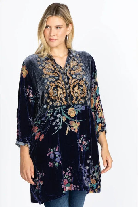 Johnny Was Bouquet Burnout Gweneth Navy Blue Dress Lined Floral Embroidery NEW
