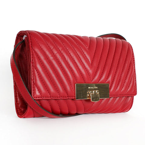 Michael Kors Susannah Quilted Leather Lock Clutch Shoulder Bag Dark RED