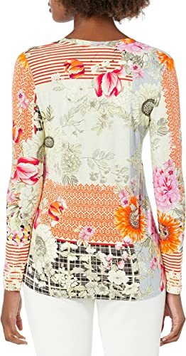 Johnny Was Milly Favorite V Neck Tee Shirt Beige Long Pink Floral Top XXL New
