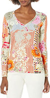 Johnny Was Milly Favorite V Neck Tee Shirt Beige Long Pink Floral Top XXL New