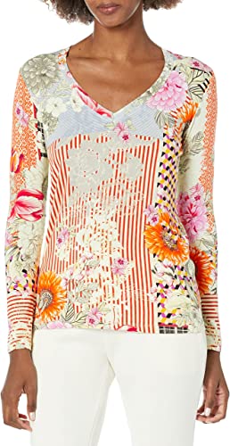 Johnny Was Milly Favorite V Neck Tee Shirt Beige Long Pink Floral Top XXL New