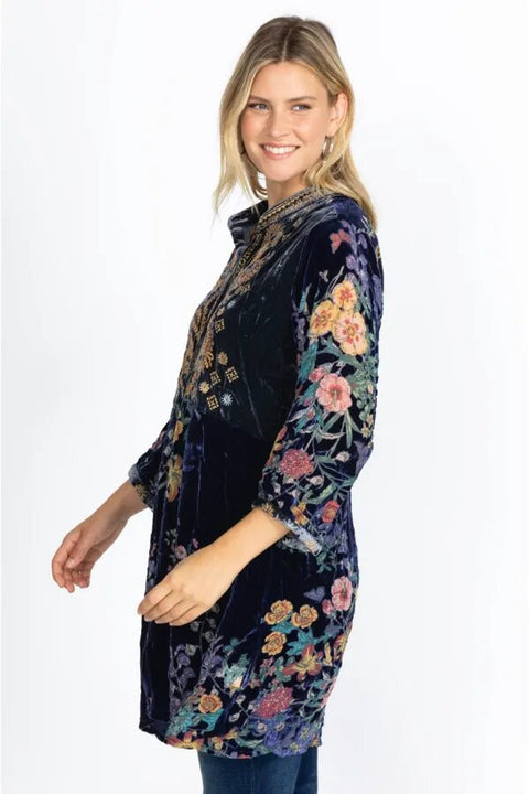 Johnny Was Bouquet Burnout Gweneth Navy Blue Dress Lined Floral Embroidery NEW