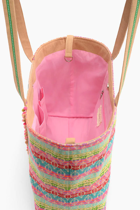 A & B Geo Floral Beaded Tote Large Top Handle Handbag Pink Blue Tote Bag Hobo New