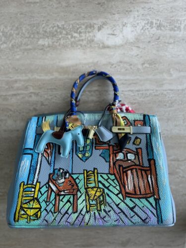 Anca Barbu Satchel XL Handle BLUE Van Gogh Room Leather Bag Handbag New