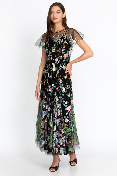 Johnny Was PEACOCK MESH DRESS SLIP Black Long floral short sleeve NEW