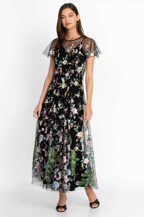 Johnny Was PEACOCK MESH DRESS SLIP Black Long floral short sleeve NEW