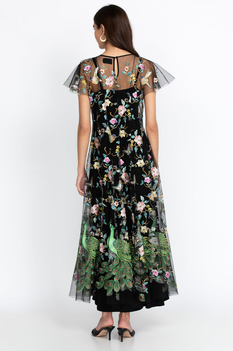 Johnny Was PEACOCK MESH DRESS SLIP Black Long floral short sleeve NEW