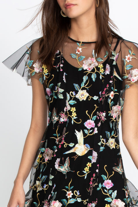 Johnny Was PEACOCK MESH DRESS SLIP Black Long floral short sleeve NEW