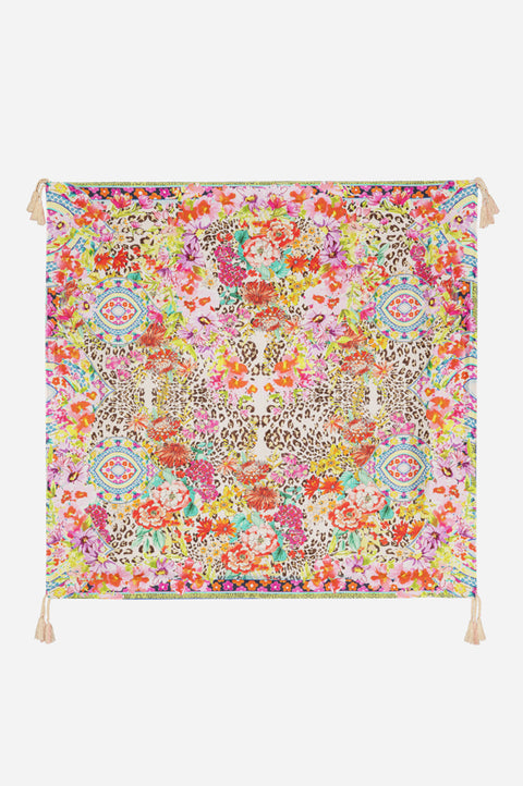 Johnny Was Silk Wild Garden Scarf Floral Pink Square Beige Tassel Scarves New