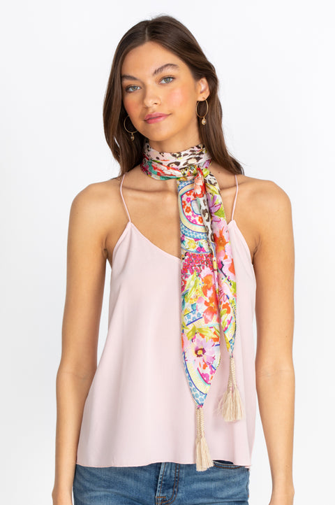 Johnny Was Silk Wild Garden Scarf Floral Pink Square Beige Tassel Scarves New