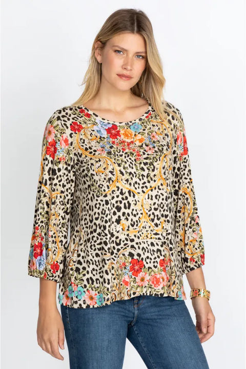 Johnny Was Animal Cheetah Puff Sleeve Shirt Red Blue Flowers Embroidery Top Beige New