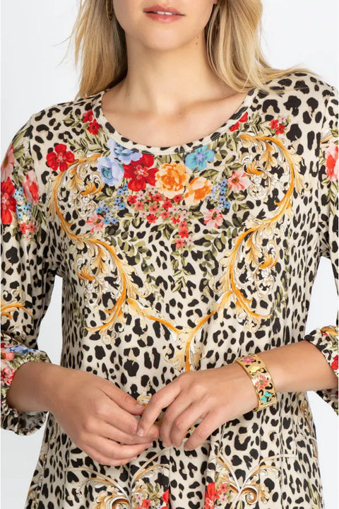 Johnny Was Animal Cheetah Puff Sleeve Shirt Red Blue Flowers Embroidery Top Beige New