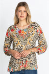 Johnny Was Animal Cheetah Puff Sleeve Shirt Red Blue Flowers Embroidery Top Beige New