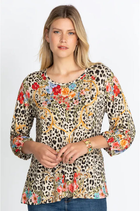 Johnny Was Animal Cheetah Puff Sleeve Shirt Red Blue Flowers Embroidery Top Beige New