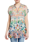 JOHNNY WAS Cali Mixed-Print Button-Front Cap-Sleeve Georgette Blouse Short Sleeve blouse Flower Medium New