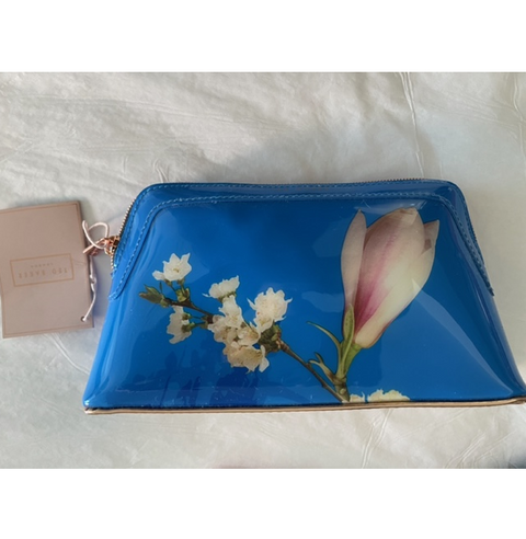 Ted Baker Royal Blue Floral Light Pink Cosmetic Make Up Zip Bag Handbag Vinyl New