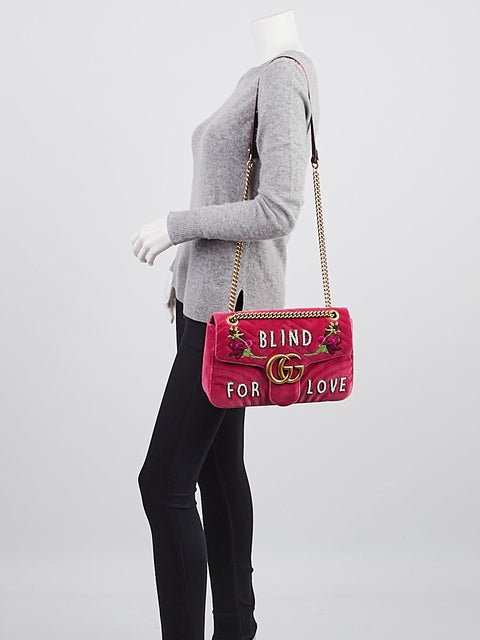 Gucci Blind For Love Pink Rose Velvet Handbag Bag Marmont GG Gold Purse Italy NEW