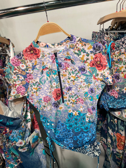 Johnny Was SUNRISE HANDKERCHIEF DRESS Blue Flower Swim Cocktail Wedding MEDIUM NEW RESORT LOUNGE